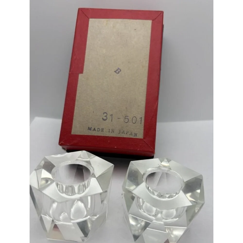 (2) Japan Faceted Crystal Hexagon Candle Holders With Original Box
